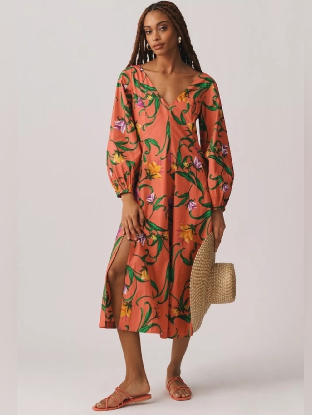 Anthropologie Long-Sleeve V-Neck Dress pink coral size 1X boho colorful